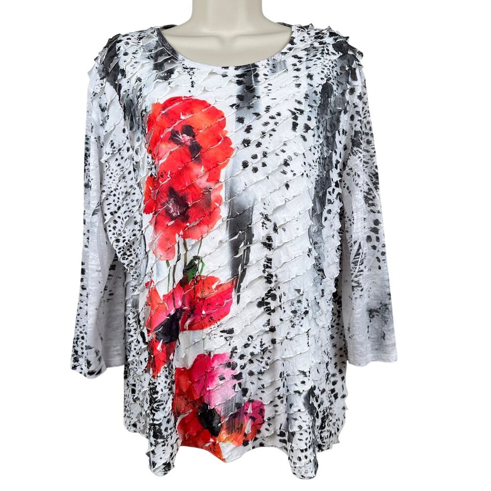Jess & Jane Blouse Top Ruffle 3/4 Sleeve Abstract Floral Leopard White XL Artsy